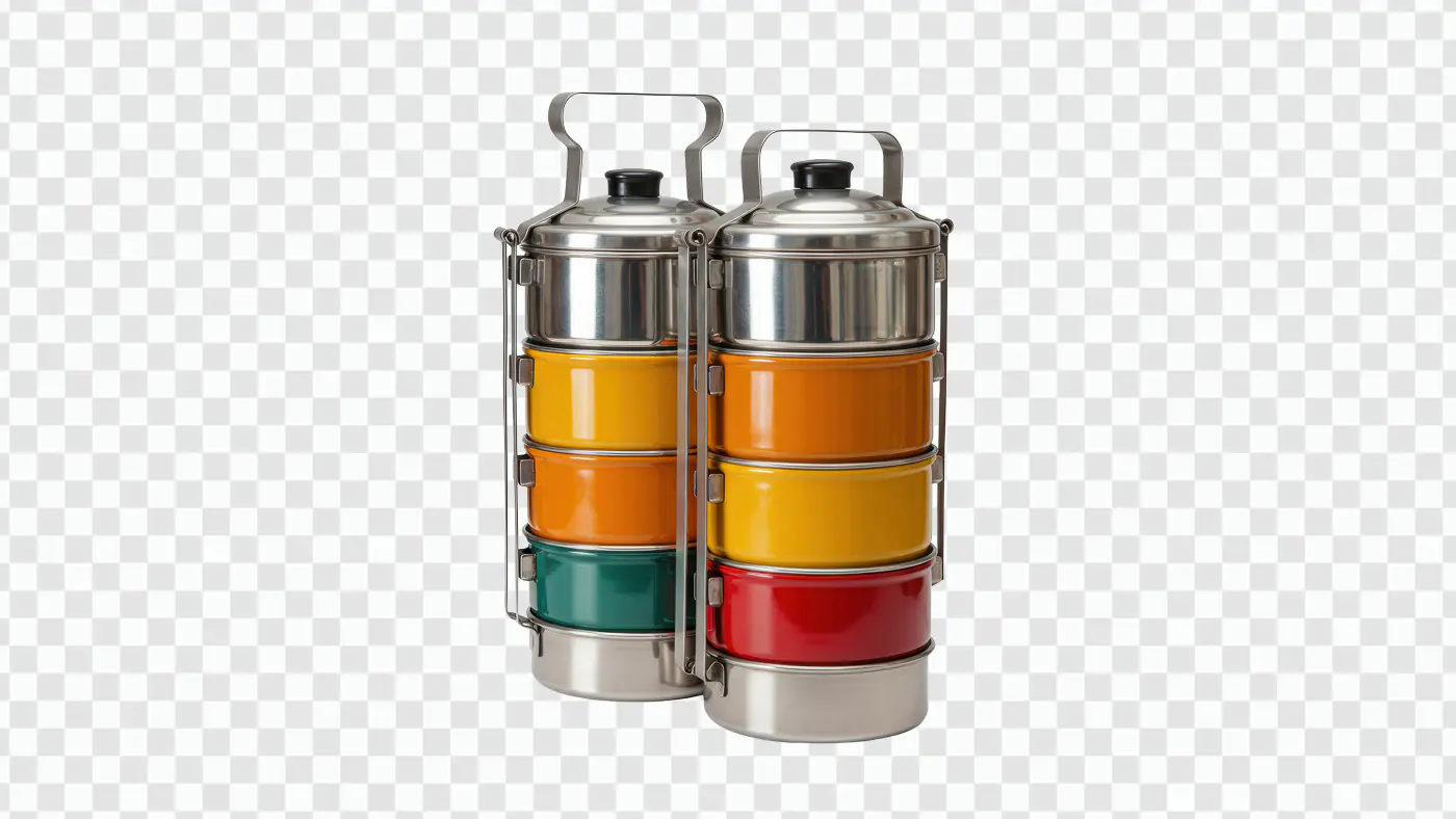 Indian Tiffin Carrier PNG – Multicolor Steel Lunch Box Set with Transparent Background