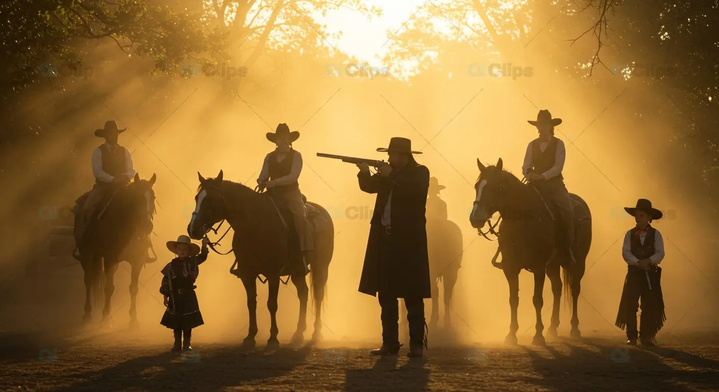 Silhouetted Cowboys at Golden Sunset with Dramatic Light Rays