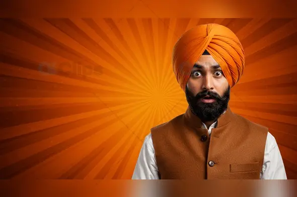 Surprised Sikh Man in Traditional Attire with Comic-Style Background