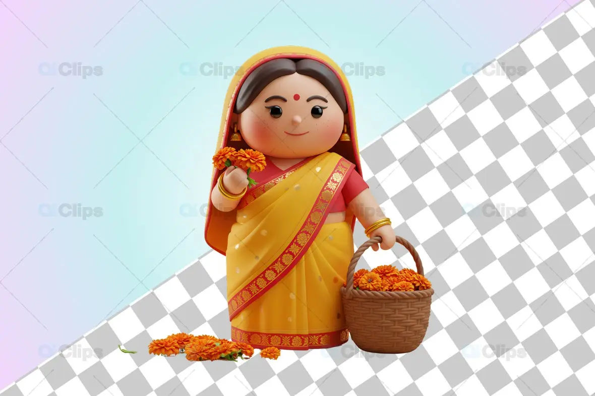 Traditional Indian Woman 3D Illustration with Marigold Flowers