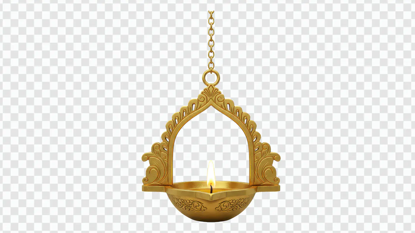 Hanging Brass Diya with Arch Frame – Indian Temple Lamp PNG Clipart