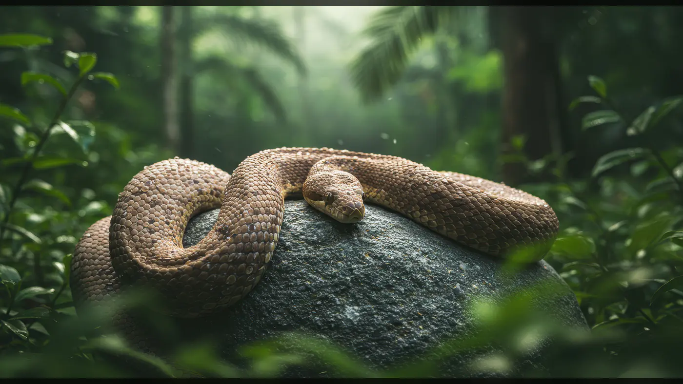 Coiled Brown Snake Resting on Rock in Indian Jungle