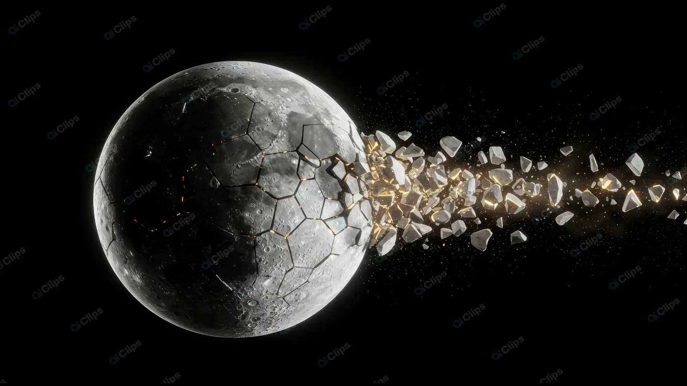 Shattered Moon Exploding in Space with Glowing Fractures
