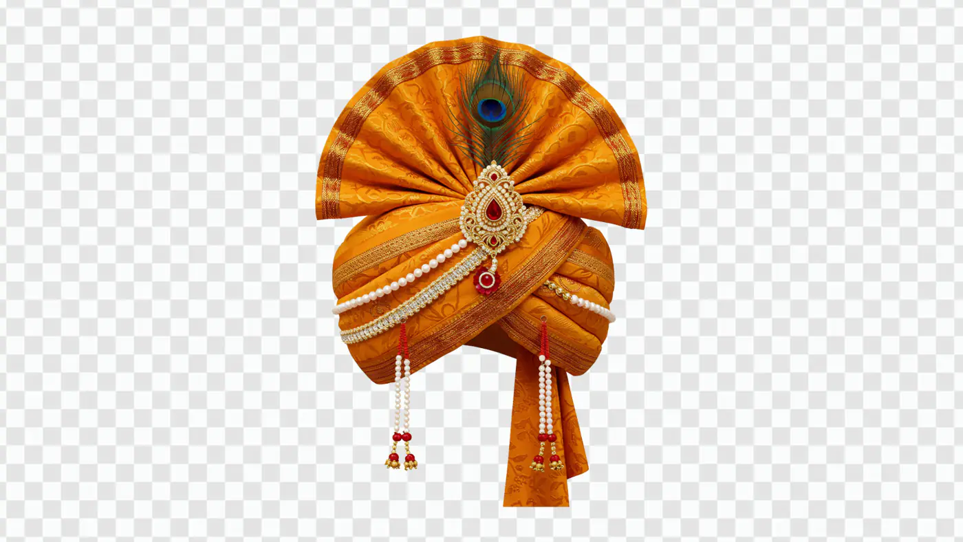 Traditional Indian Groom Pagdi PNG Clipart with Pearl Strings and Peacock Feather