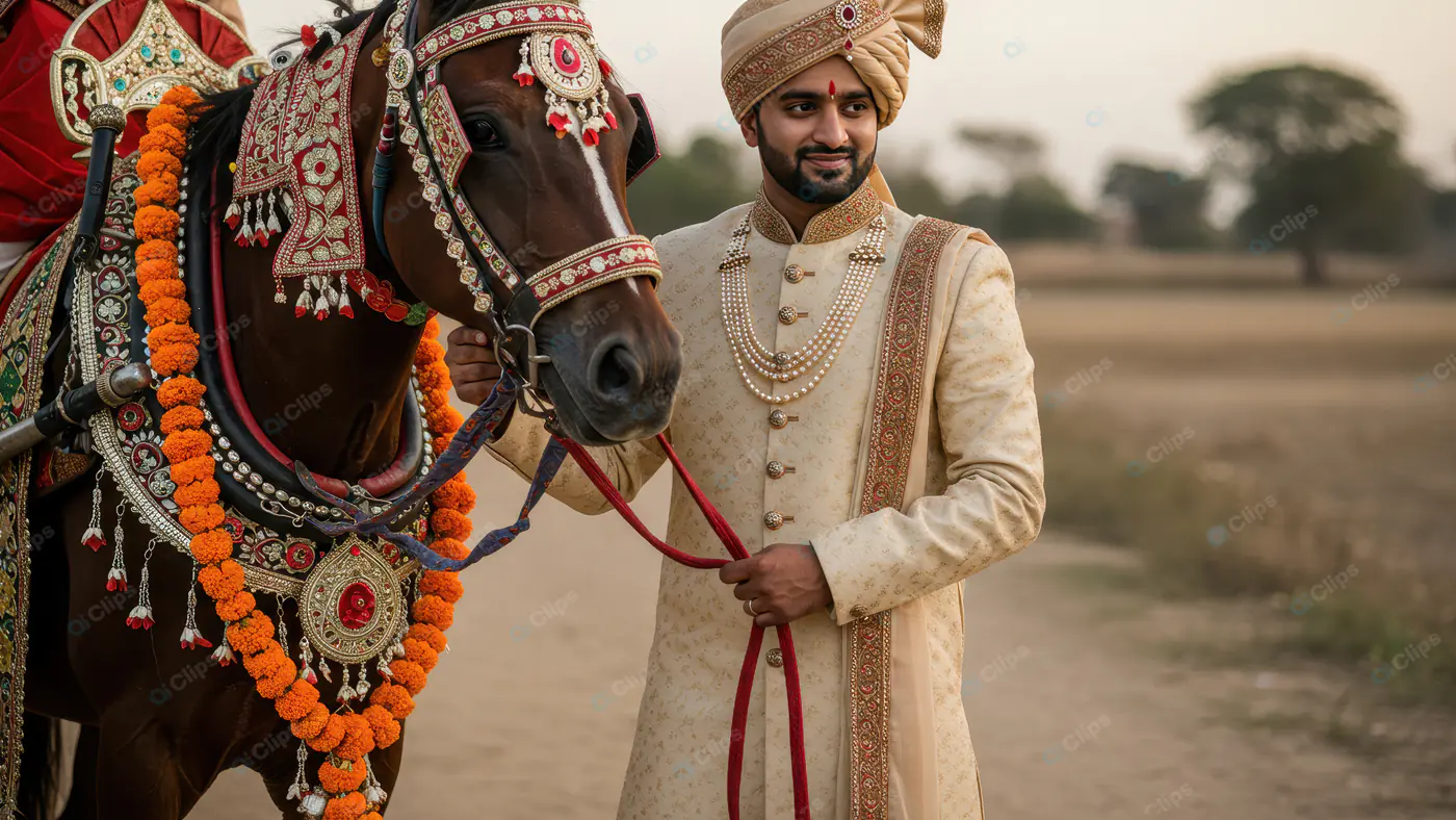 Royal Indian Groom with Decorated Wedding Horse in Traditional Sherwani