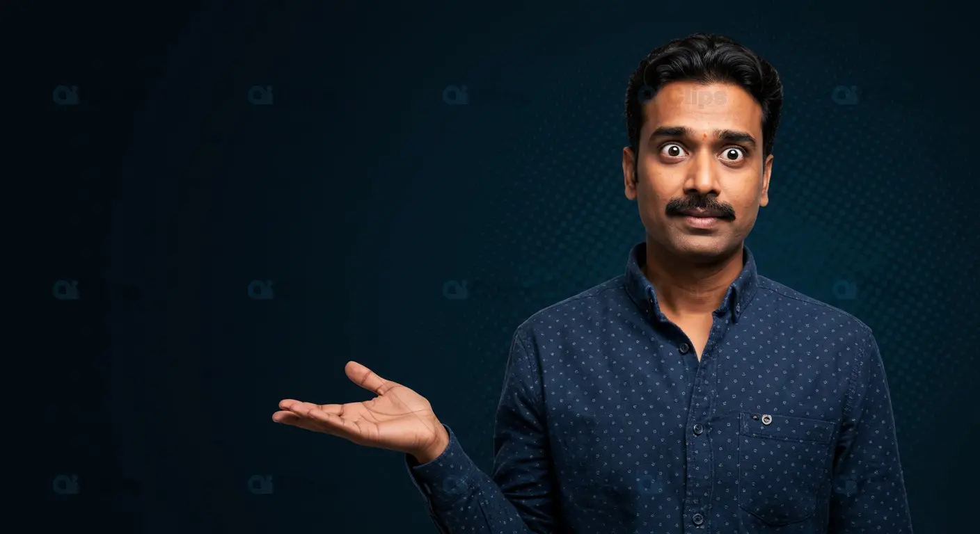 Surprised Indian Man in Casual Attire with Open Palm Gesture