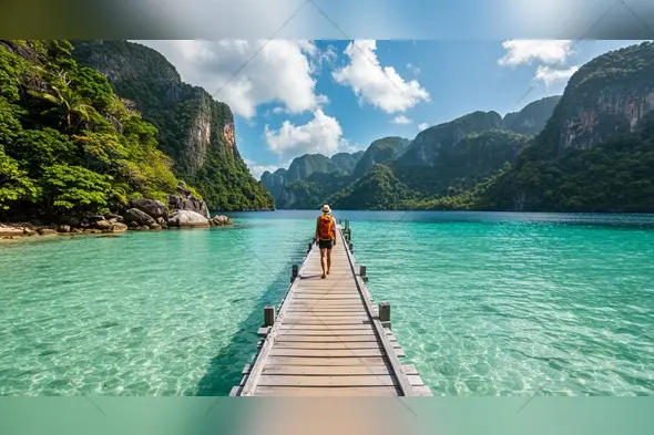 Traveler on Wooden Pier Over Turquoise Lagoon with Mountain Views
