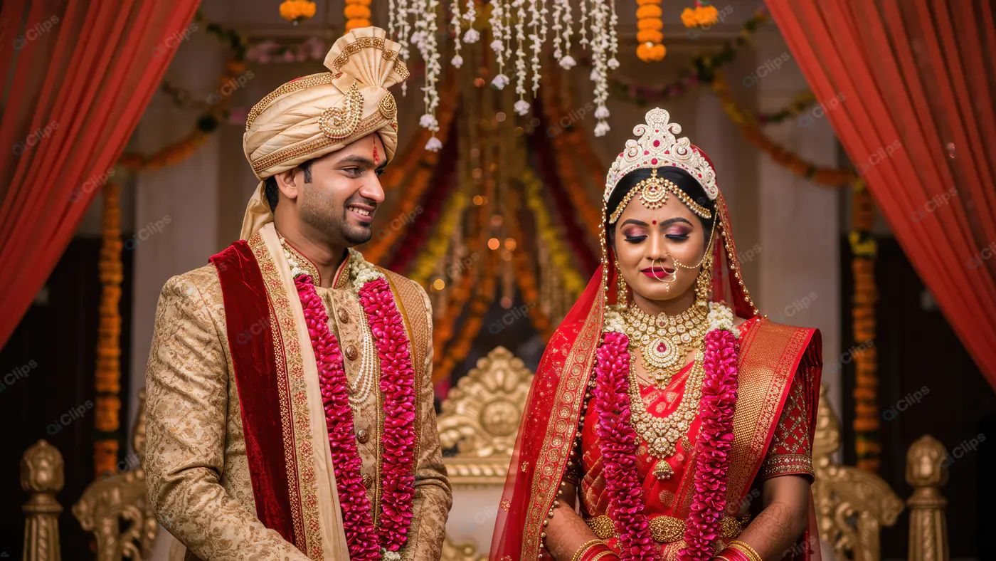 Traditional Indian Wedding Couple in Red and Gold