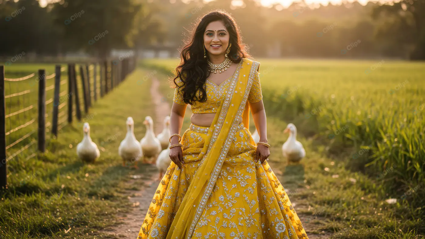 Joyful Indian Woman in Yellow Lehenga Walking in Farmland with Ducks at Sunset