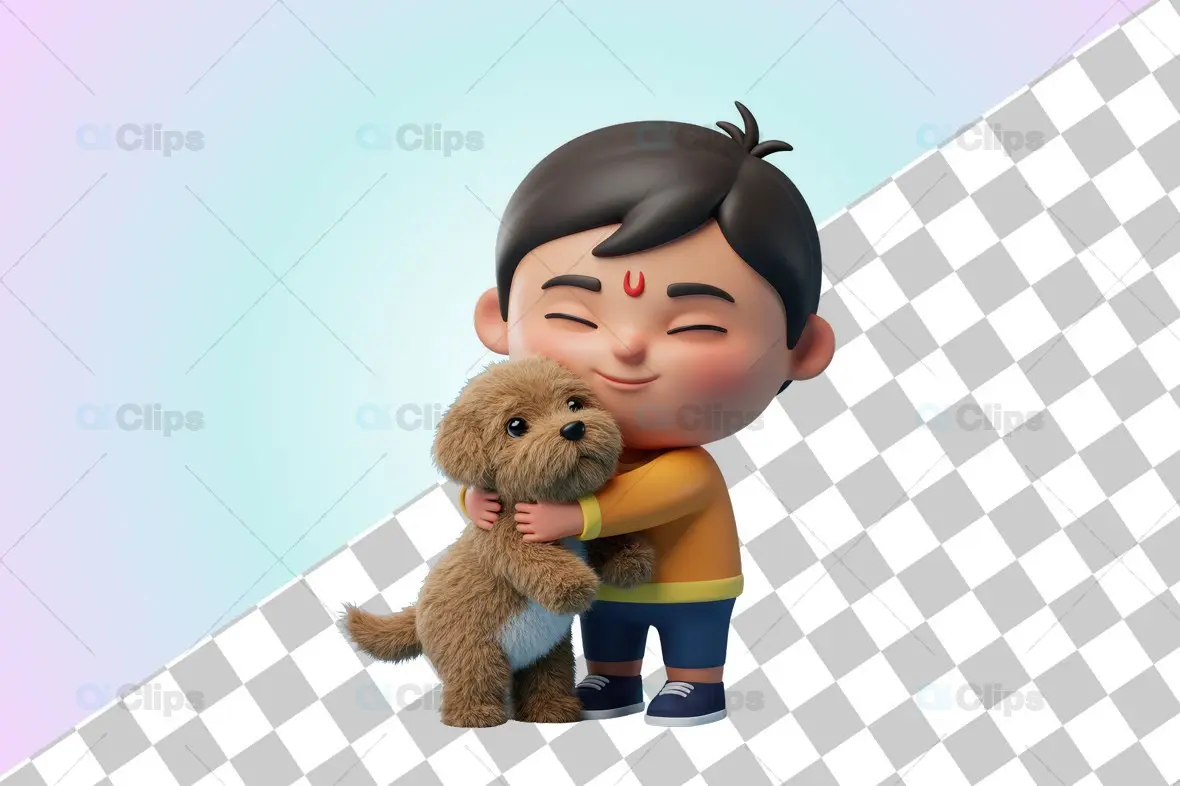 Boy Hugging Dog 3D Character Illustration