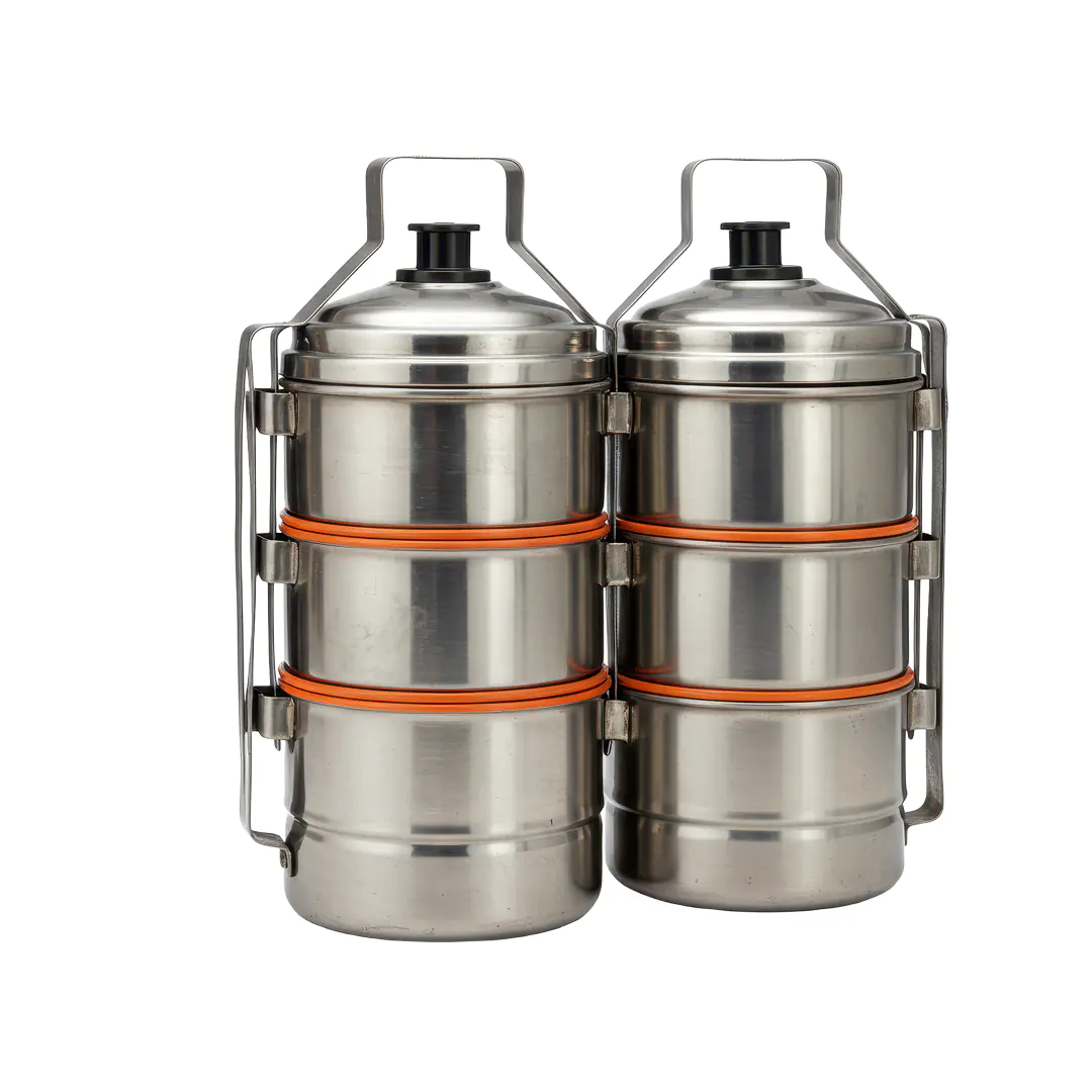 Classic Stainless Steel Tiffin Carrier PNG – Indian Dabba Box with Orange Seals