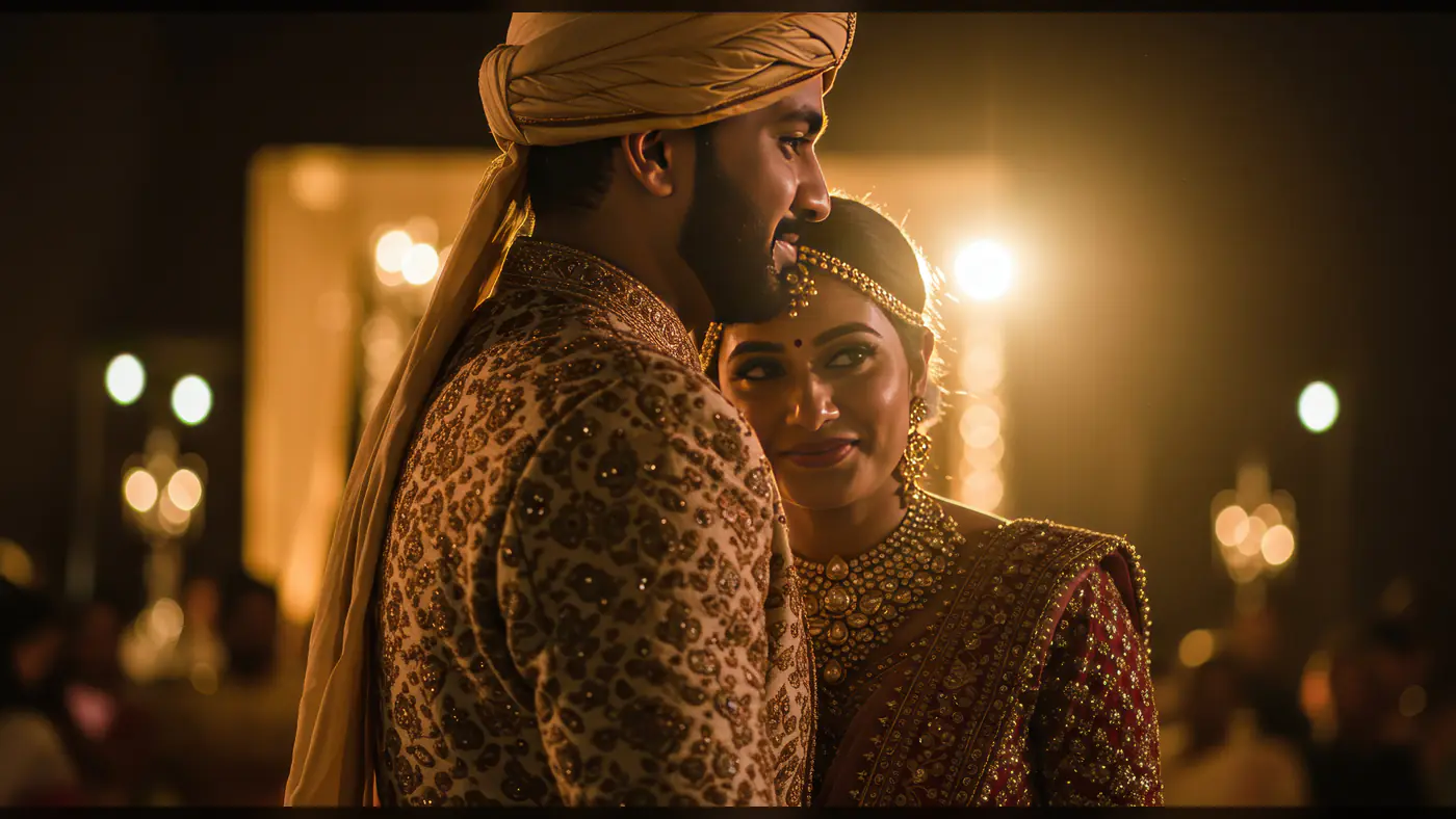 Romantic Indian Couple Embracing During Golden Hour Wedding Reception