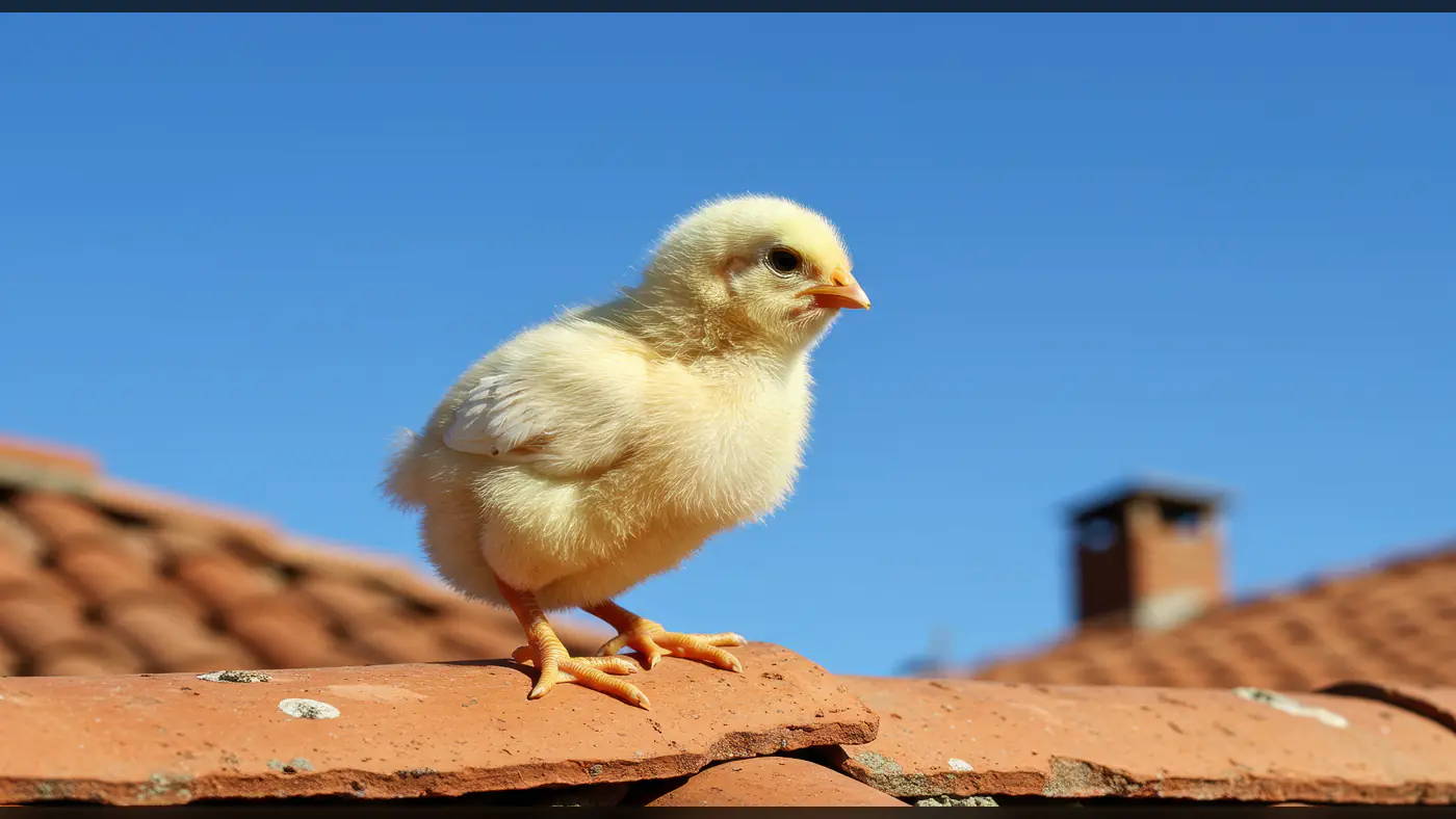 Cute Yellow Chick Standing on Tiled Roof under Clear Blue Sky