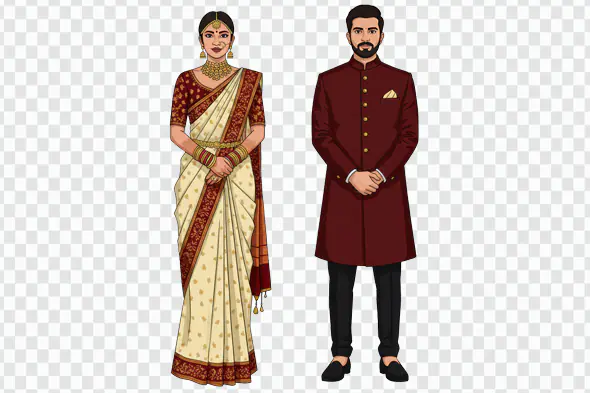Indian Wedding Couple PNG – Traditional Saree & Sherwani Full-Length Illustration