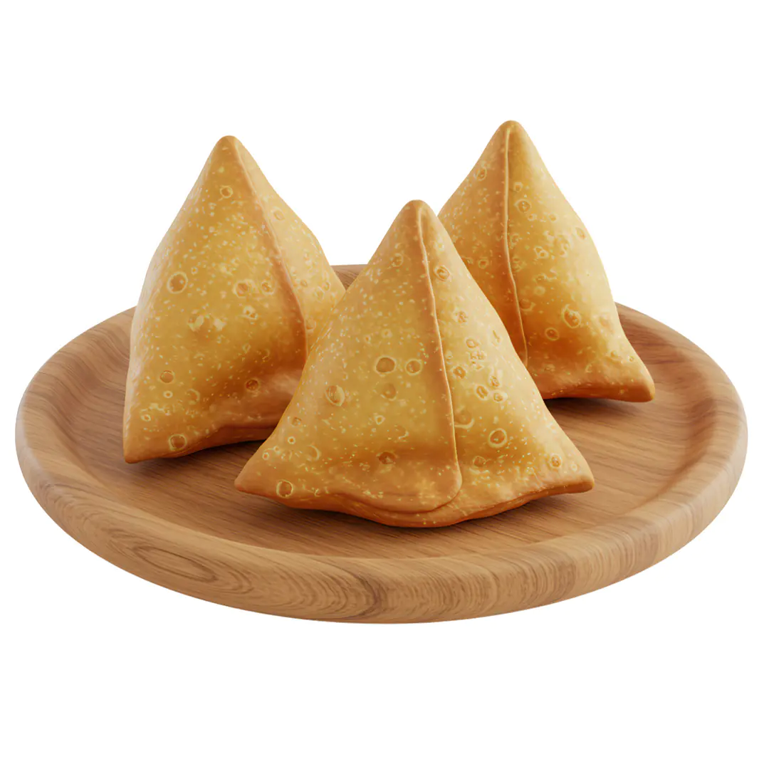 Indian Samosa PNG on Wooden Plate – Crispy Snack Icon