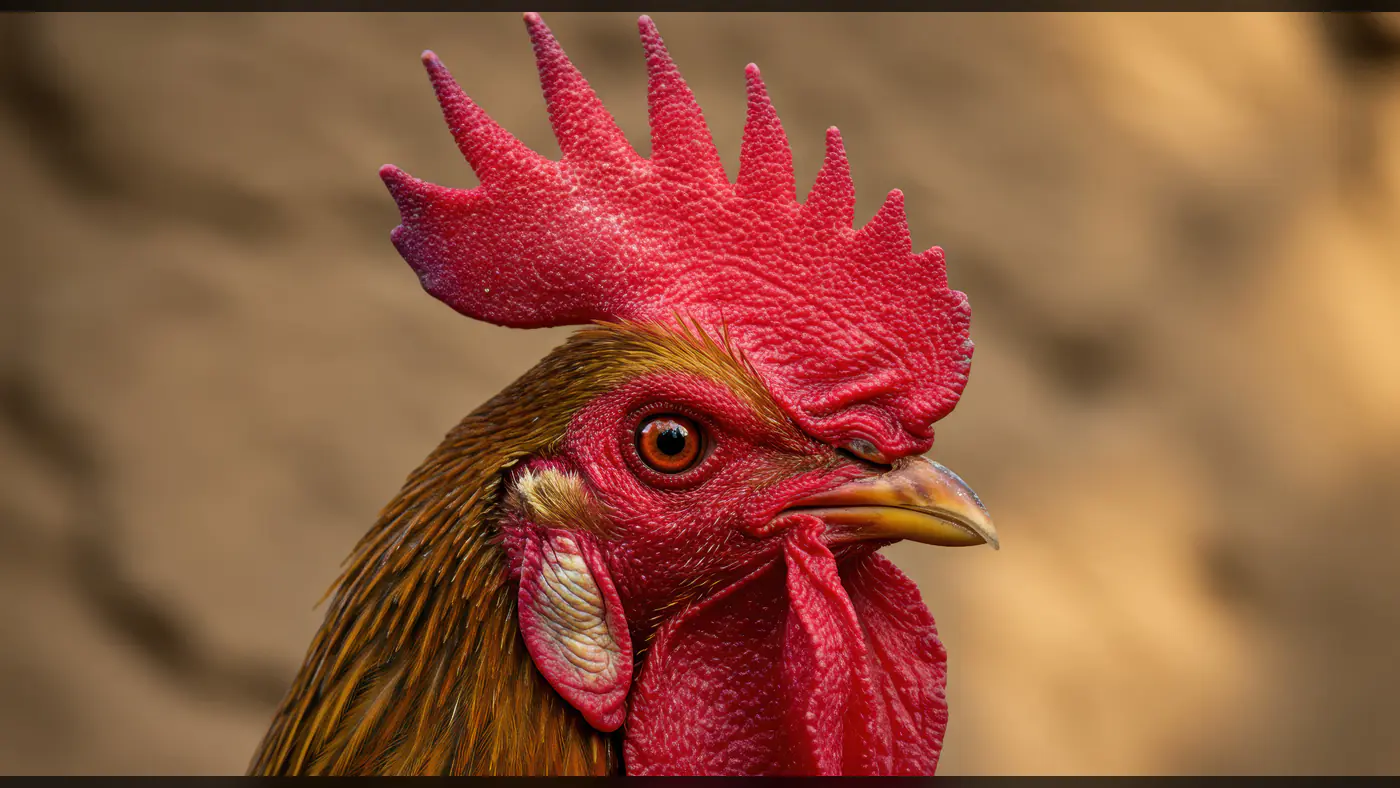 Close-Up of Indian Rooster Head with Bright Red Comb and Sharp Beak