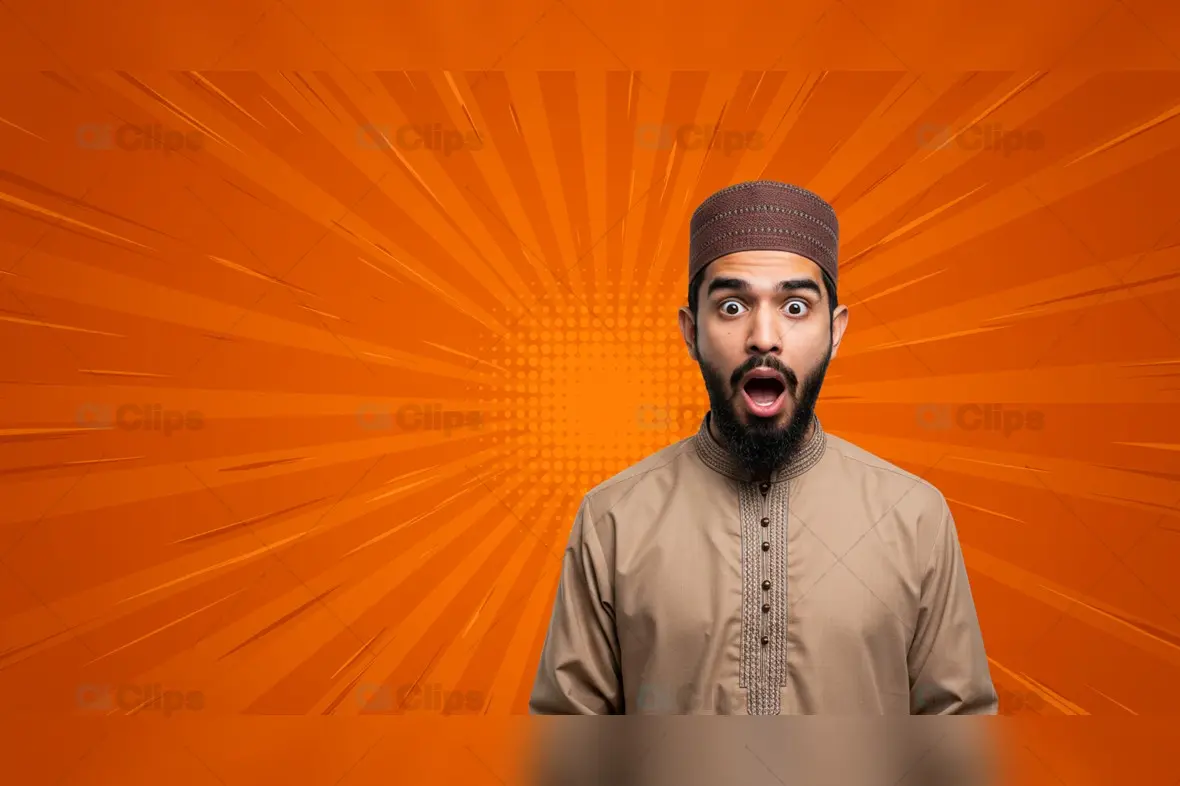 Surprised Man in Traditional Outfit with Comic-Style Background