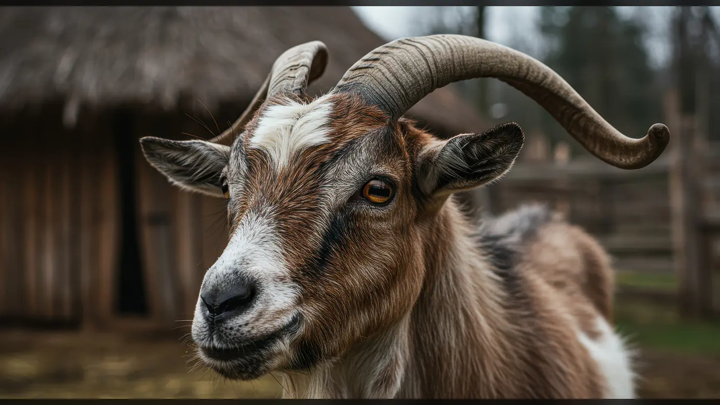 Close-Up Portrait of Horned Goat in Rustic Farm Setting