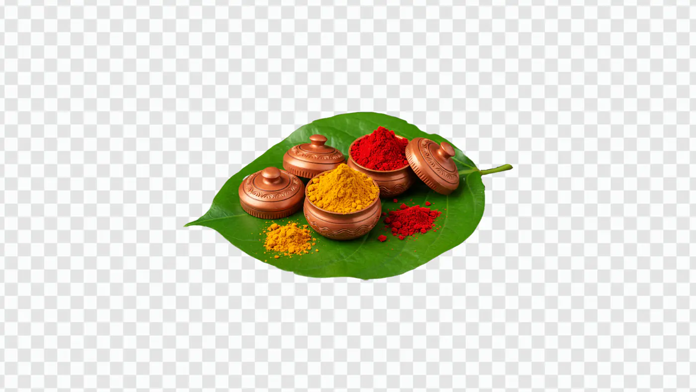 Indian Puja Kumkum and Haldi PNG Clipart in Copper Bowls on Leaf