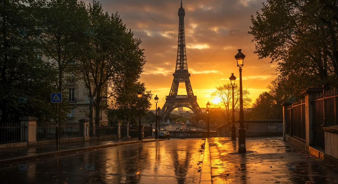 Stunning Sunset Over Eiffel Tower Stock Image