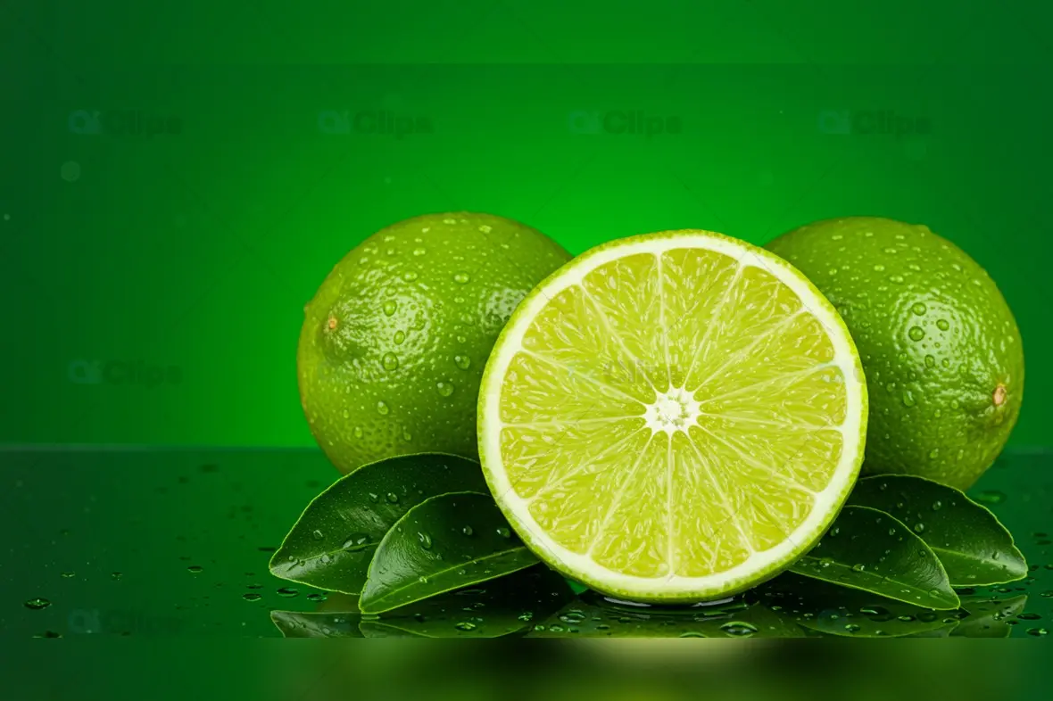 Lime Slice with Water Drops on Green Background