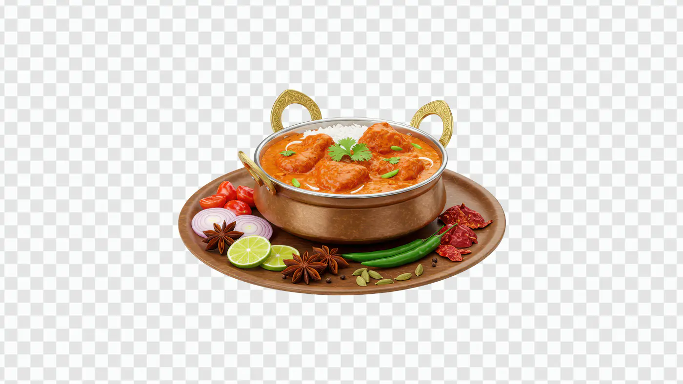 Indian Butter Chicken with Rice PNG – Copper Bowl & Spices on Wooden Platter