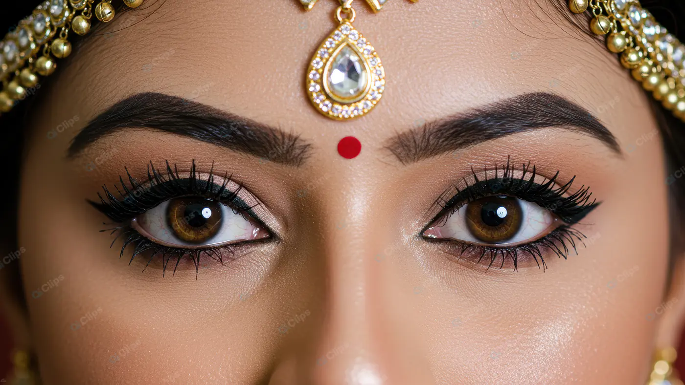 Close-Up Shot of Indian Bride's Eyes with Traditional Makeup and Jewelry