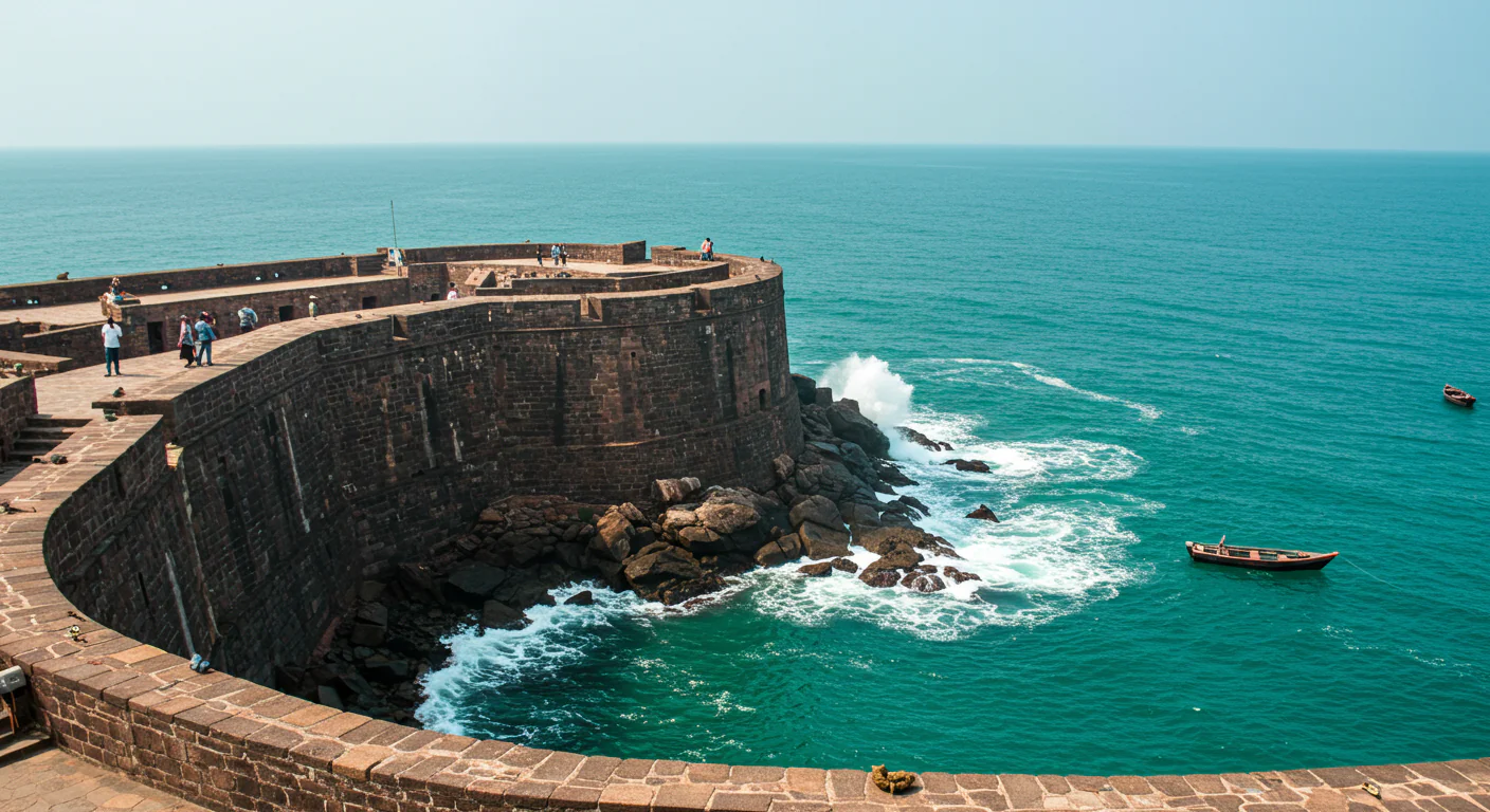 Historic Indian Sea Fort with Ocean Waves and Boats