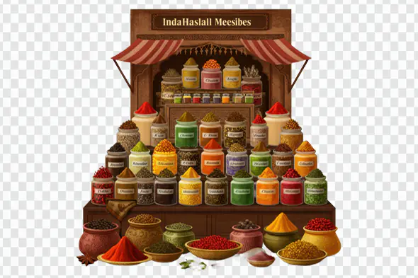 Colorful Indian Spice Market Stall with Jars, Powders, and Herbs