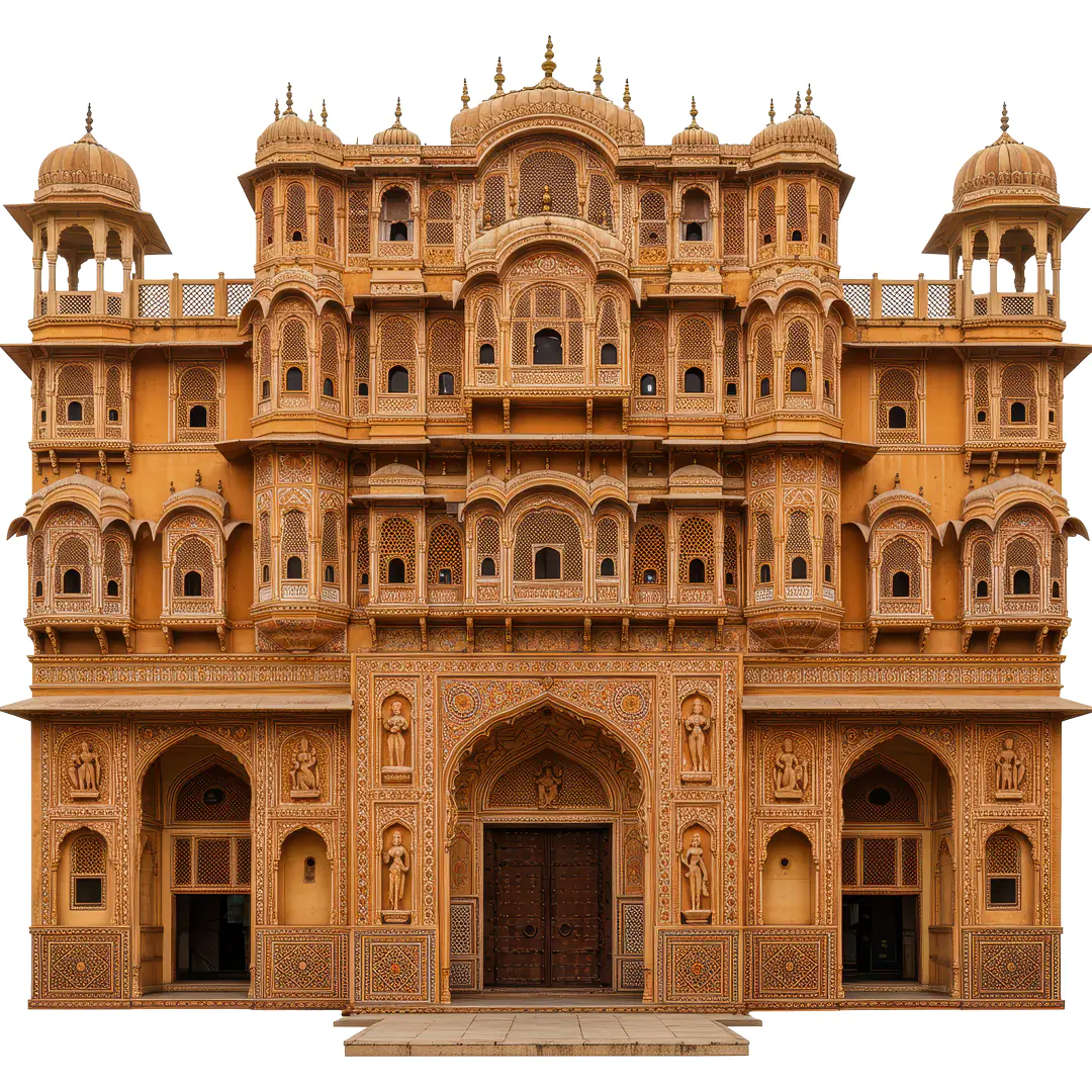 Majestic Rajasthani Palace Facade with Jharokha Architecture and Intricate Carvings