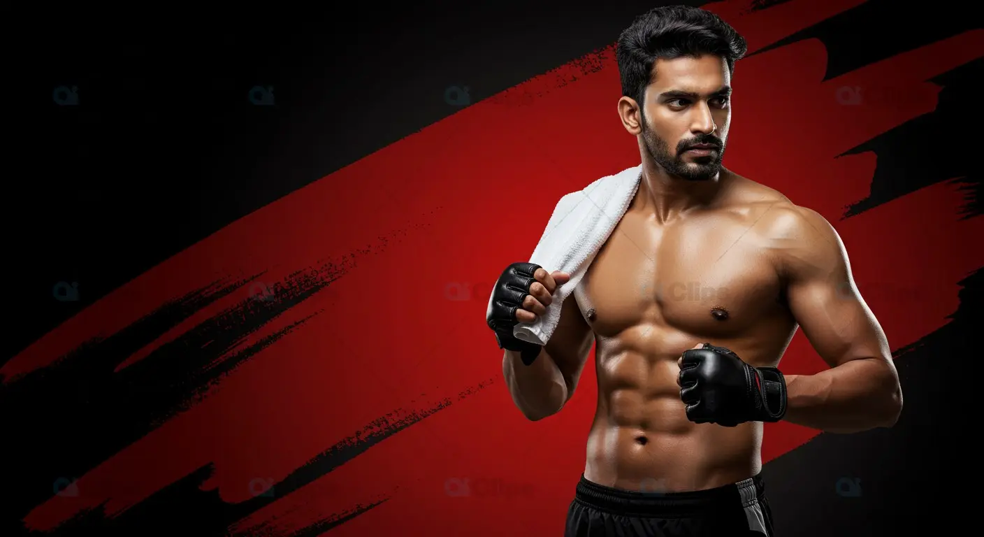 Muscular Indian Athlete with Boxing Gloves and Towel on Red Black Background
