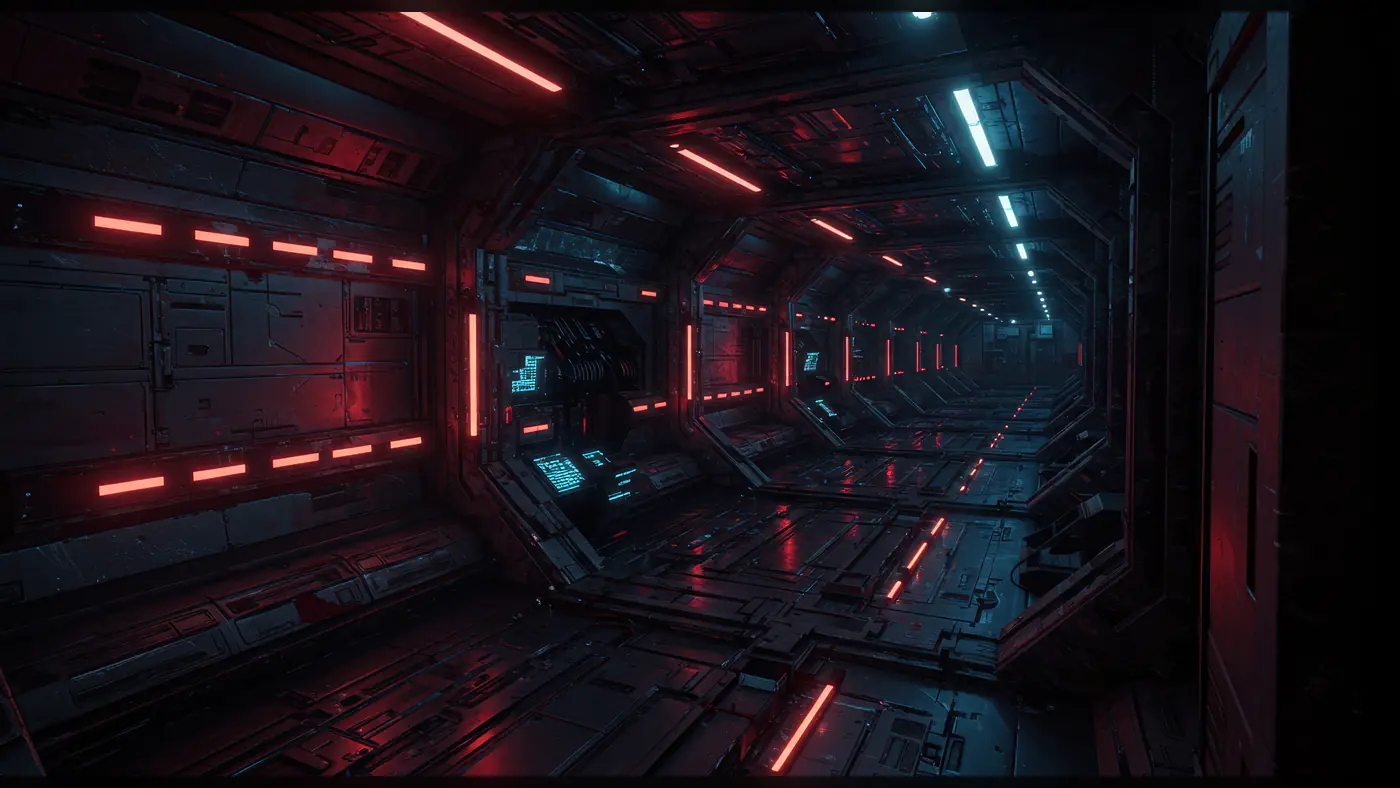 Futuristic Sci-Fi Spaceship Corridor with Red and Blue Neon Lights
