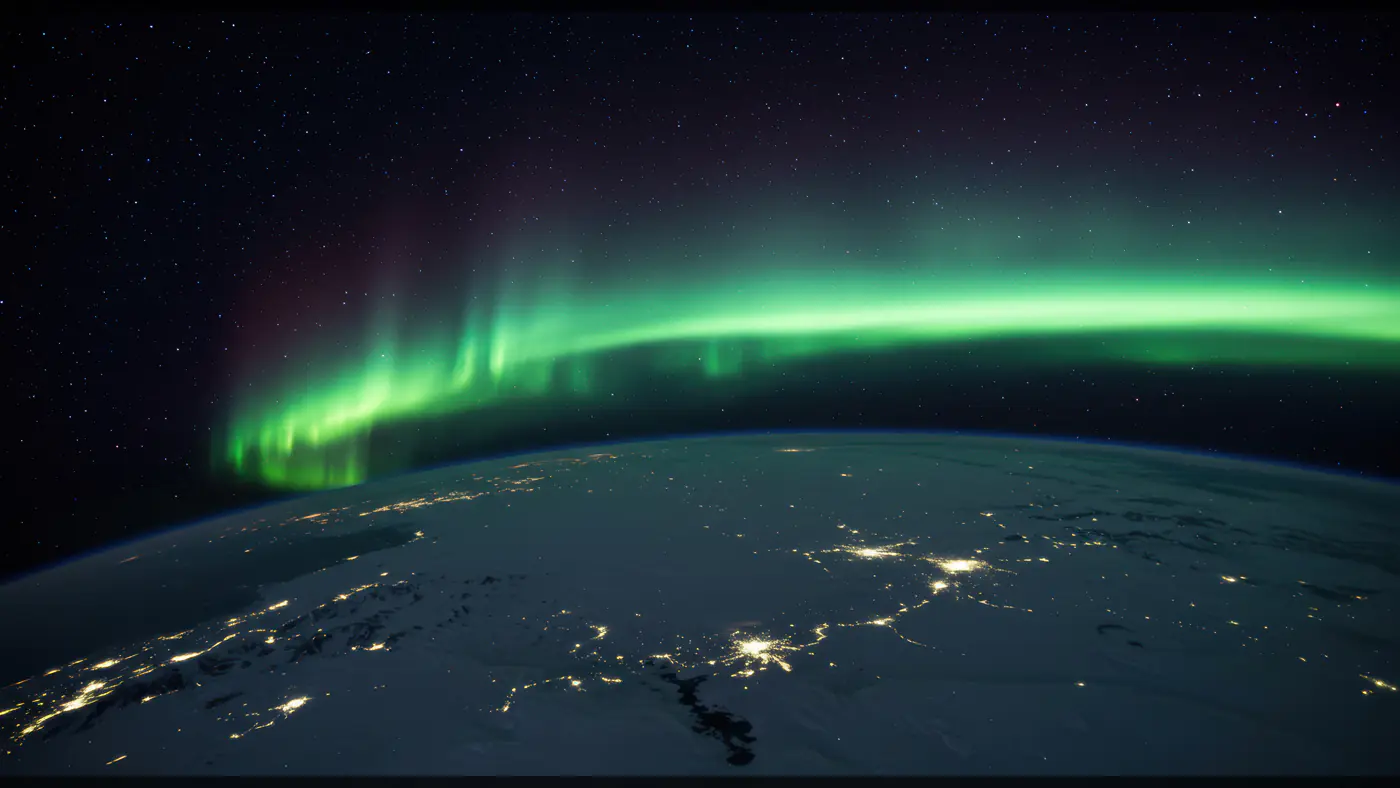Northern Lights Aurora from Space over Earth at Night
