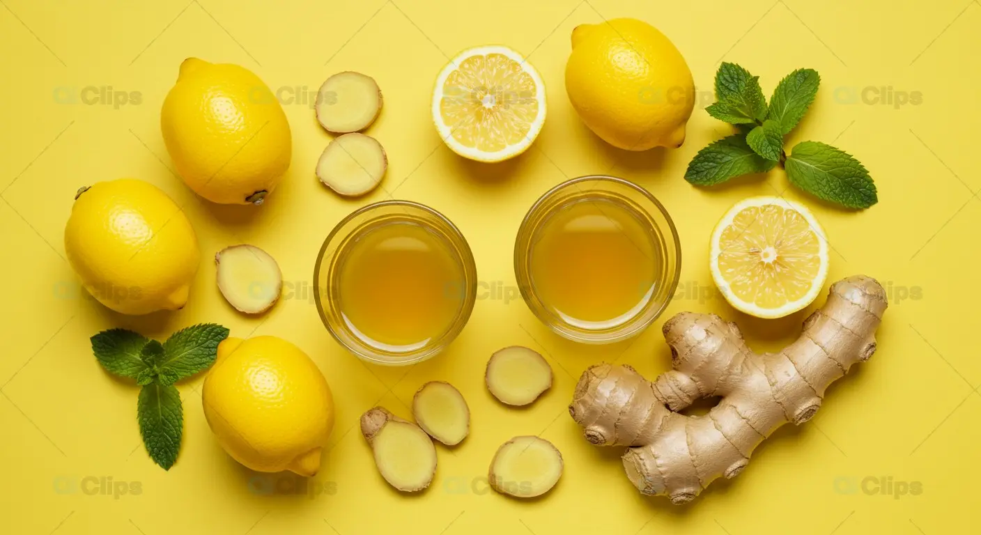 Lemon Ginger Tea Ingredients on Vibrant Yellow Background