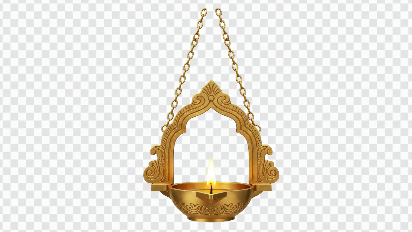 Hanging Brass Temple Diya with Ornamental Chain – Indian Festival PNG Clipart