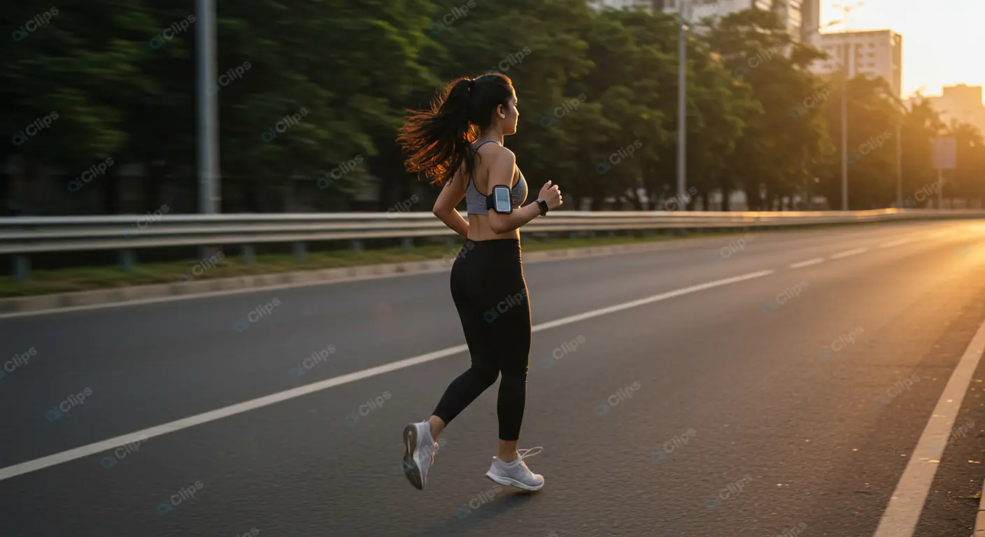 Urban Sunset Jog: Woman in Motion