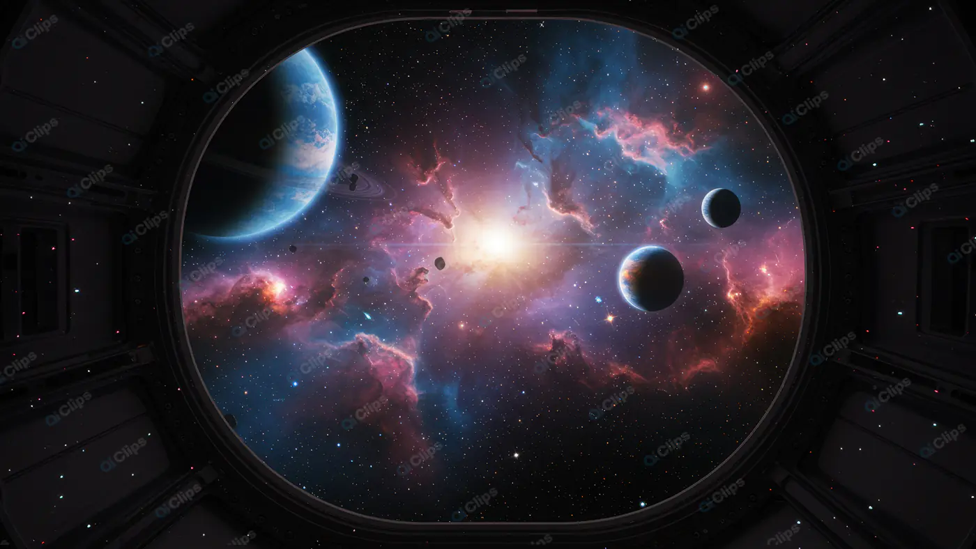 Colorful Galaxy and Planets Seen from Spacecraft Window