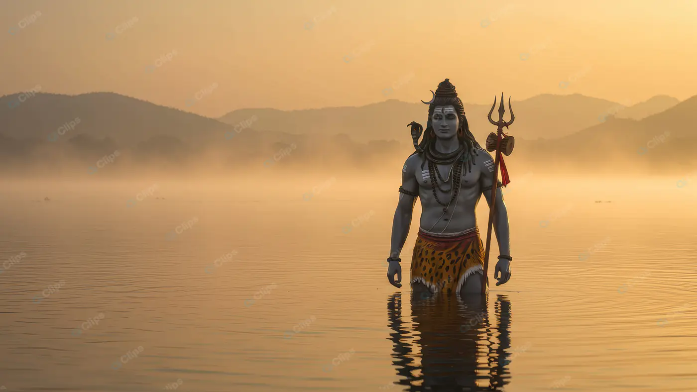 Lord Shiva Emerging from River at Sunrise with Trishul and Serpent