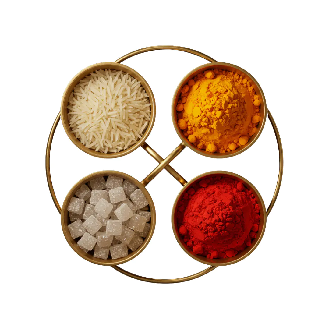 Puja Samagri PNG Clipart with Kumkum, Haldi, Rice, and Mishri in Brass Bowls