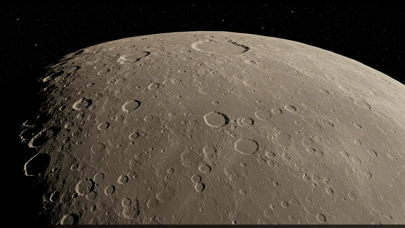 Cratered Surface of the Moon Viewed from Orbit Against a Starry Sky