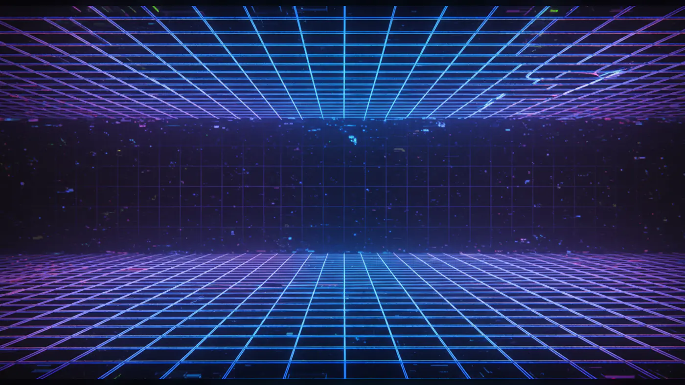 Digital Neon Grid Room with Blue-Purple Retro Aesthetic