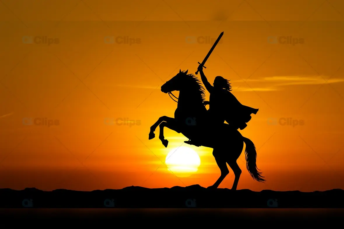 Warrior on Rearing Horse Silhouette Against Golden Sunset