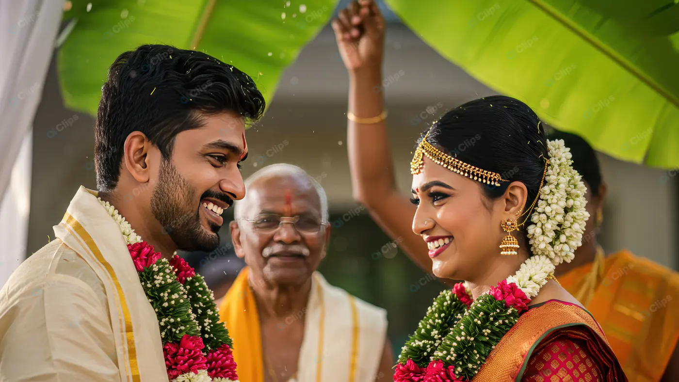 Traditional South Indian Wedding Ritual with Smiling Bride and Groom