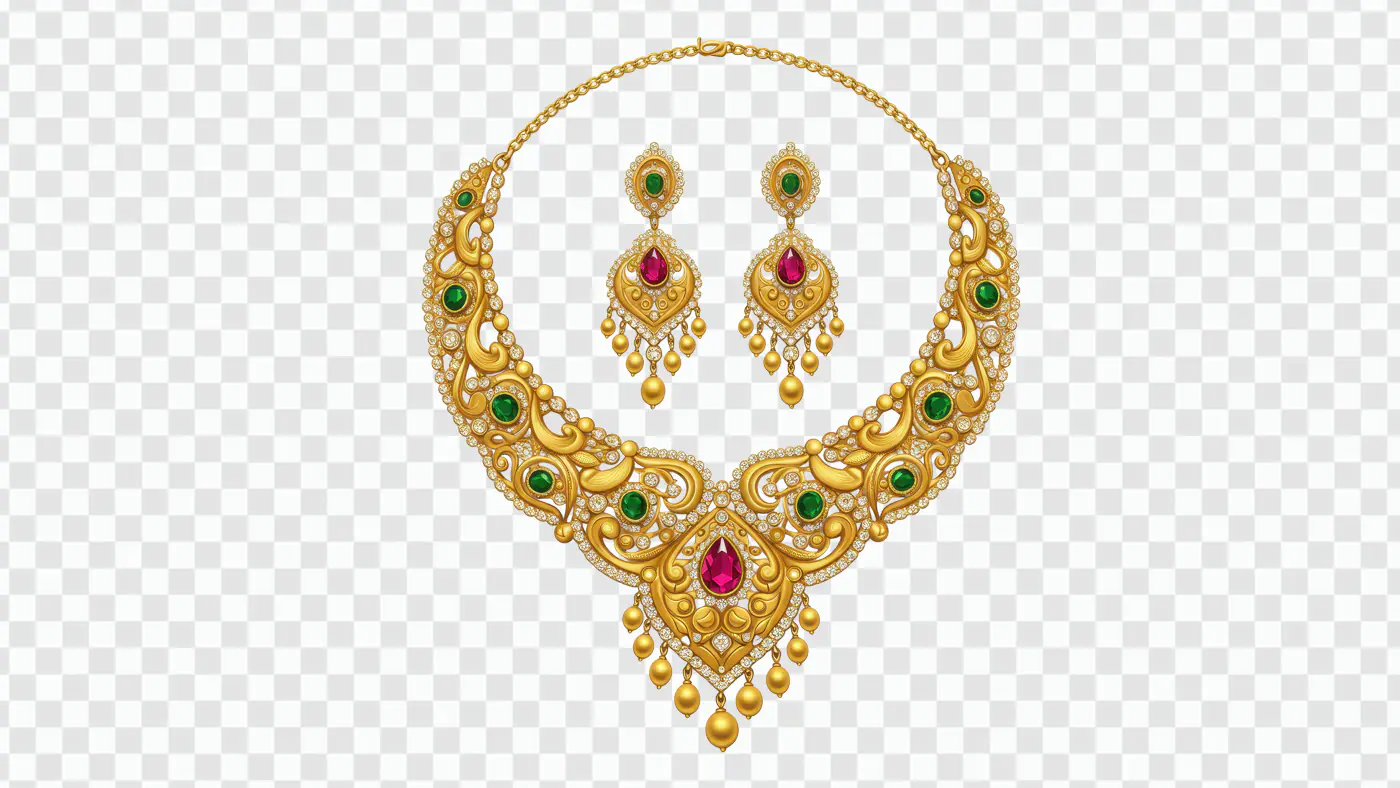 Indian Gold Necklace and Earrings PNG – Bridal Jewelry with Emerald & Ruby Stones