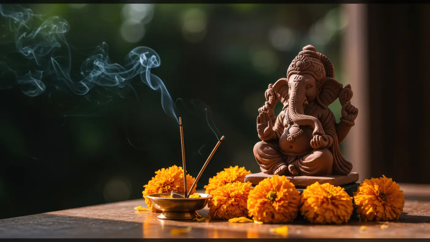Lord Ganesha Idol with Marigold Flowers and Incense Smok