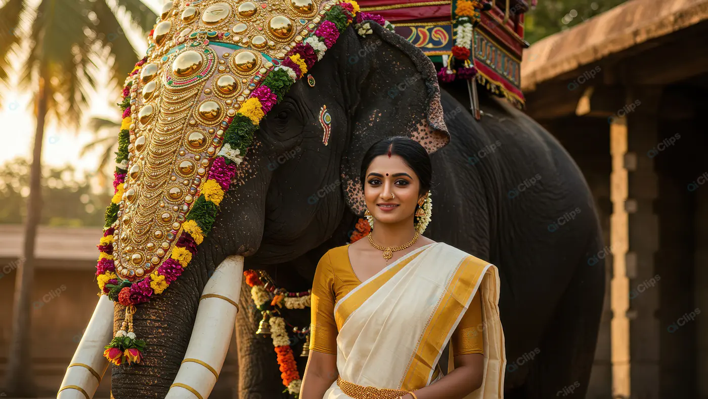 Traditional South Indian Woman in Kerala Saree with Decorated Temple Elephant