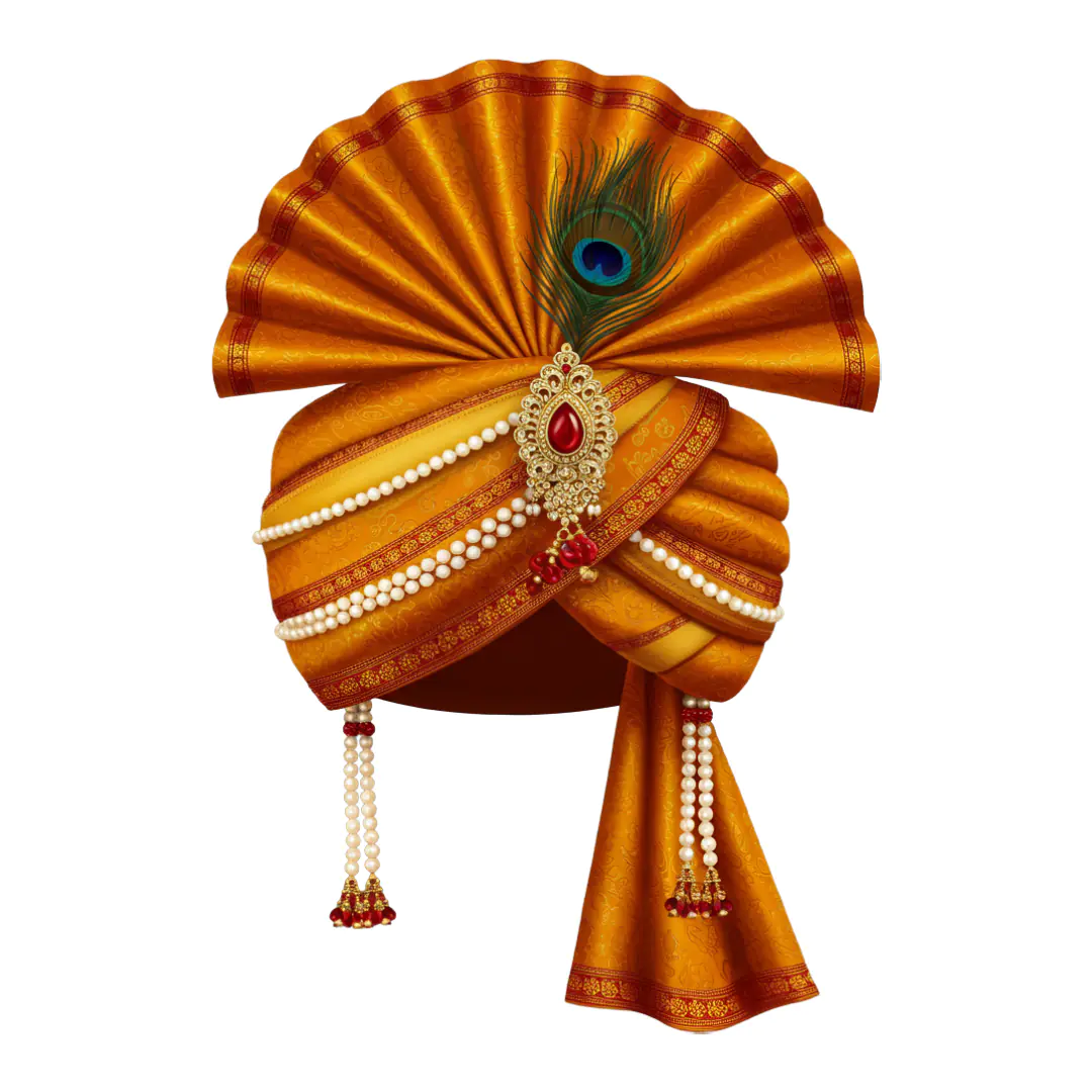 Royal Indian Wedding Pagdi PNG Clipart with Peacock Feather and Red Gemstone