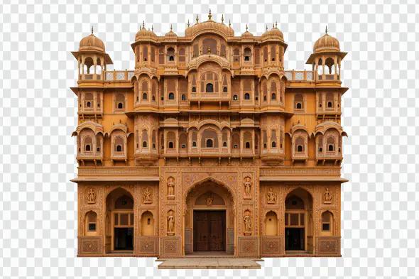 Majestic Rajasthani Palace Facade with Jharokha Architecture and Intricate Carvings