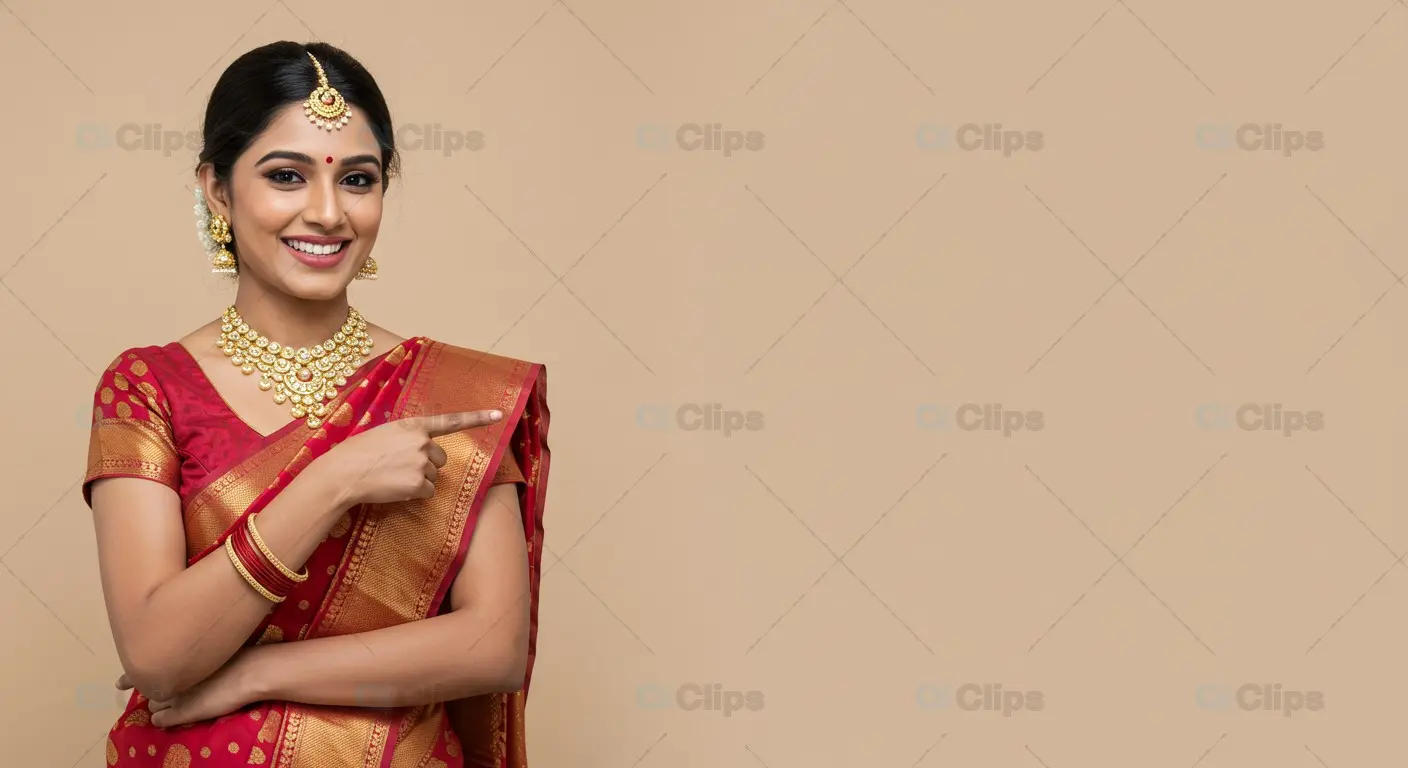 An Indian Woman Adorned in Traditional Saree and Exquisite Jewelry