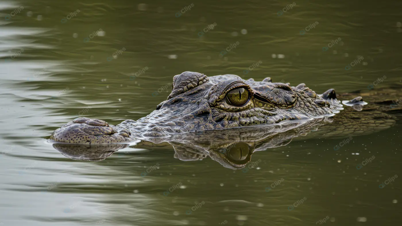 Stealthy Crocodile Floating in Still Water with Sharp Eye Focus